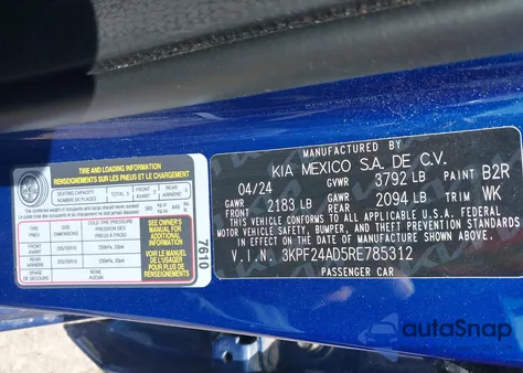 2024 Kia Forte Lxs z USA, uszkodzony, nr VIN 3KPF24AD5RE785312